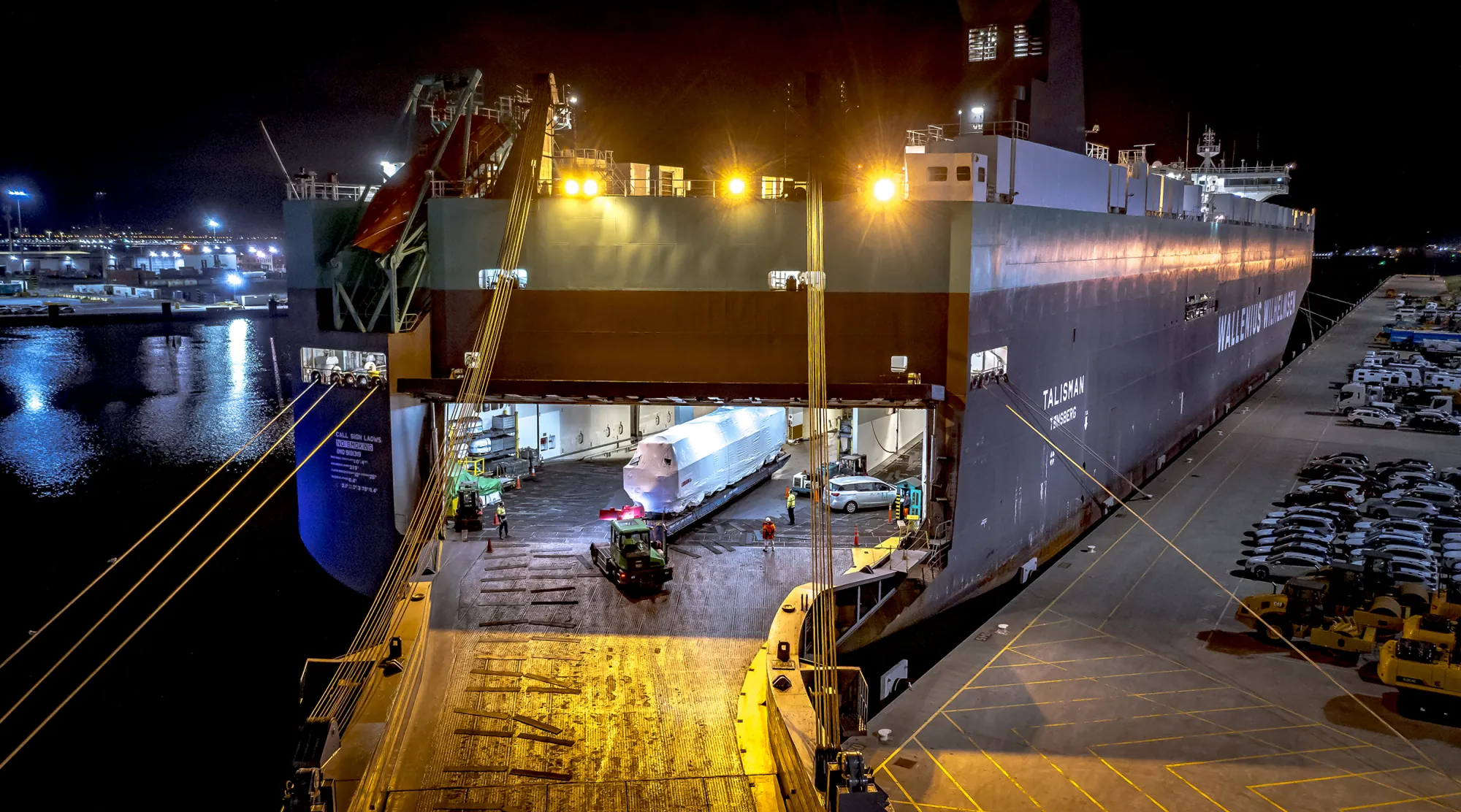 RoRo vessel during vehicle loading at night