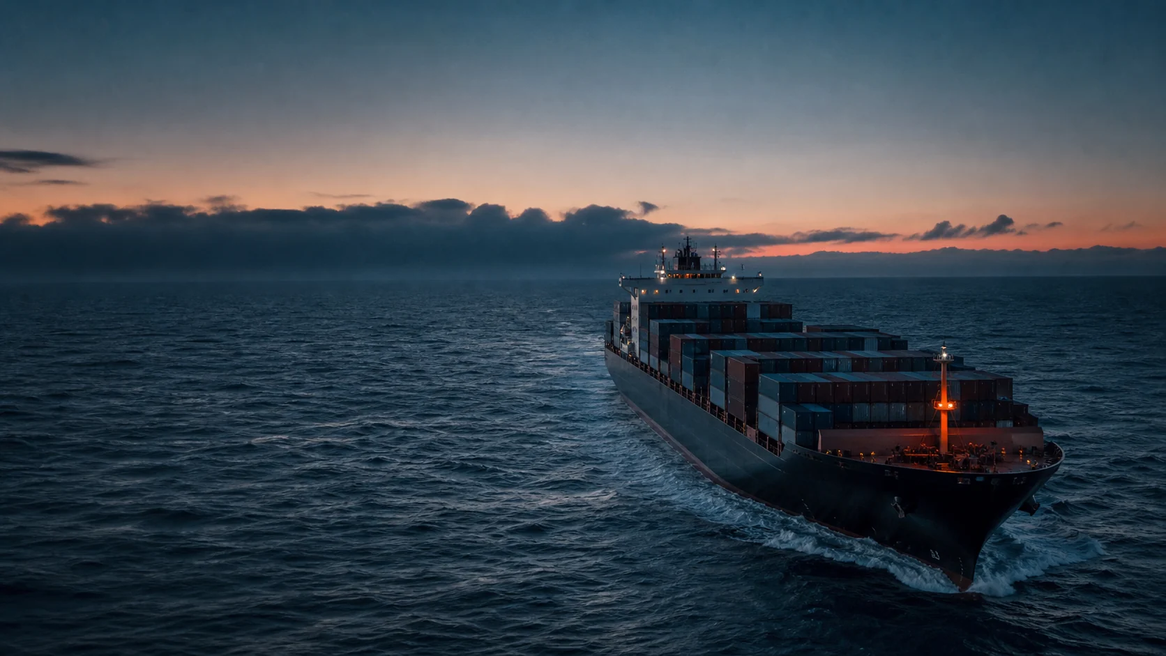 Container ship crossing the Atlantic at blue hour